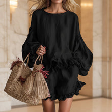 Load image into Gallery viewer, Women's Lantern Sleeve Ruffle Hem Top & Ruffle Shorts Linen-Style Two-Piece Set