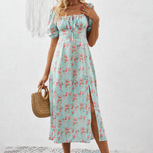 Load image into Gallery viewer, Square Neck Floral Print Dress With Puff Sleeves & Side Slit Maxi Dress
