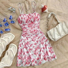 Load image into Gallery viewer, Boho Floral Spaghetti Strap Mini Dress – Ruched Ruffle Hem Vacation Sundress