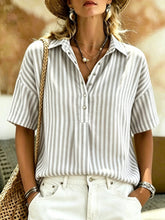 Load image into Gallery viewer, Women's Striped Short-Sleeve Shirt with Turn-Down Collar