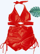 Load image into Gallery viewer, Coastal Curve Halter Bikini Set for Women – V-Neck Crisscross Drawstring Swimsuit with Chic Ring Detail & High-Waisted Boxer Shorts for Summer – Sleek Two-Piece Nylon Swimwear for Women’s Beach & Poolside Style
