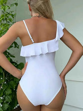 Load image into Gallery viewer, White Asymmetrical Ruffled : One-Piece Swimwear