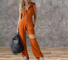 Load image into Gallery viewer, Women's Sporty Retro Lace-Up Striped Sleeveless Hooded Jumpsuit – Wide Flare Leg