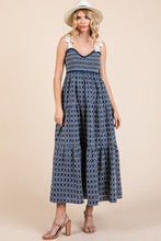 Load image into Gallery viewer, Geometric Embroidered Smocked Tie Shoulder Midi Dress For Women – Fluttering, Trendy and Chic Embroidered Midi Dress with Tie Shoulders