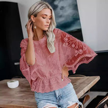 Load image into Gallery viewer, Women’s Lace Trim Top Short Sleeve Batwing Shirt