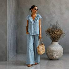 Load image into Gallery viewer, Women's V-Neck Ruffled Hem Top & Wide-Leg Pants Two-Piece Set