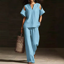 Load image into Gallery viewer, V-Neck Short Sleeve Top & Straight-Leg Pants Set – Ripped Detail, Pockets, Solid Color