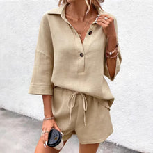 Load image into Gallery viewer, Women's Notch-Lapel Short-Sleeve Top & Belted Shorts Two-Piece Set