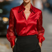 Load image into Gallery viewer, Women’s Satin Lapel Collar Blouse – Sheer Long Sleeve Button-Down Shirt for Office & Spring/Autumn Wear