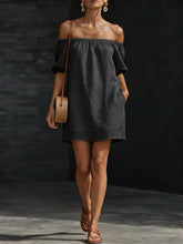 Load image into Gallery viewer, Women's Cotton-Linen Off-Shoulder Puff-Sleeve Loose Mini Dress