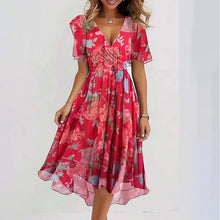 Load image into Gallery viewer, Floral Print A-Line Dress – V-Neck Short Sleeve Midi Dress