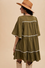 Load image into Gallery viewer, Tassel Contrast Trim Tie Neck Half Sleeve Tiered Dress – Bohemian Tassel Details, Contrast Trim, and Tiered Design for a Flowing, Feminine Look