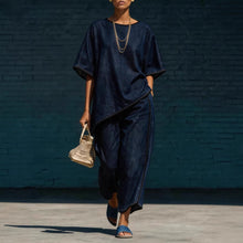 Load image into Gallery viewer, Women's Denim-Style Knit Top & Wide-Leg Pants Set – Casual 2-Piece
