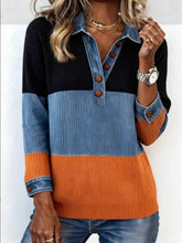Load image into Gallery viewer, Contrast Color Button-Detail Pullover Knit Top – Women’s Elegant Commuter