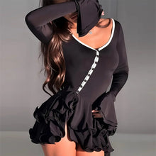 Load image into Gallery viewer, Deep V-Neck Ruffle-Hem Flared-Sleeve Mini Dress — Button-Front Bodycon