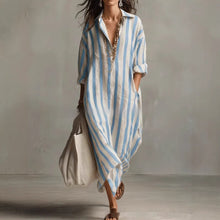 Load image into Gallery viewer, Striped Lapel Collar Dress – Side Slits & Pockets