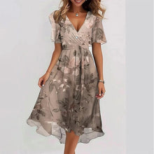 Load image into Gallery viewer, Floral Print A-Line Dress – V-Neck Short Sleeve Midi Dress
