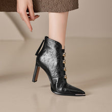 Load image into Gallery viewer, Women's Satin Pointed Toe Chunky Heel Short Boots – Ultra High Heel