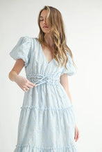 Load image into Gallery viewer, Eyelet Lace Puff Sleeve V Neck Midi Dress For Women – Elegant Fluttering Eyelet Lace Midi Dress, Puff Sleeve Detail, Timeless V Neck Design, Sophisticated Summer Dress