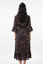 Load image into Gallery viewer, Women's Floral Printed Denim Patchwork Midi Dress — A-Line Half Sleeve