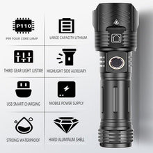 Load image into Gallery viewer, Adjustable Rechargeable Tactical Flashlight USB LED Super Bright Zoomable IPX65 Waterproof Portable Torchlight Flash Lamp USB Charging For Hiking Camping Running Fishing