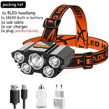 Load image into Gallery viewer, Adjustable USB Rechargeable Torch Lamp Built-in Battery 5 Led Strong Headlight Waterproof Rechargeable Super Bright Head-Mounted Flashlight For Outdoor Night Camping