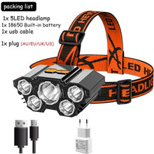 Load image into Gallery viewer, Adjustable USB Rechargeable Torch Lamp Built-in Battery 5 Led Strong Headlight Waterproof Rechargeable Super Bright Head-Mounted Flashlight For Outdoor Night Camping