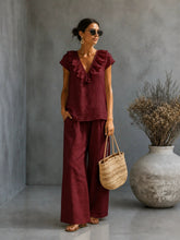 Load image into Gallery viewer, Women's V-Neck Ruffled Hem Top & Wide-Leg Pants Two-Piece Set