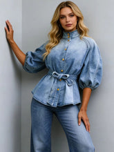 Load image into Gallery viewer, Women's Retro Washed Denim Top | Lantern Sleeve Stand Collar Belted Shirt in Blue | S–XXL