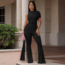 Load image into Gallery viewer, Women's Crew-Neck Pleated Ribbon Flare Jumpsuit