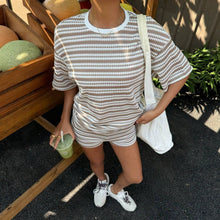 Load image into Gallery viewer, Women's Crew-Neck Spliced Short-Sleeve T-Shirt & Shorts Set