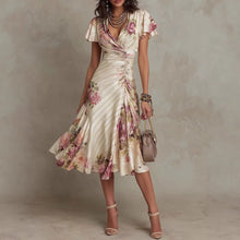 Load image into Gallery viewer, Ruffled Hem Maxi Dress – V-Neck Satin A-Line Color Block Dress