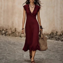 Load image into Gallery viewer, Women's V-Neck Cotton-Linen Flutter-Sleeve Ruffle-Trim Midi Dress