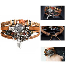 Load image into Gallery viewer, BOHO Tibet Stone Feather Multilayer Leather Bracelet Eye Fish Charms Beads Bracelets For Men Vintage Punk Wrap Wristband Cool Jewelry