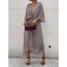 Load image into Gallery viewer, Batwing Sleeve V-Neck Midi Dress – Tied Irregular Hem Fairy Dress