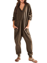 Load image into Gallery viewer, Women’s V-Neck Long Sleeve Solid Color Loose Jumpsuit With Two Side Pockets