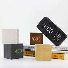Load image into Gallery viewer, Alarm Clock LED Wooden Watch Digital Alarm Clock with Wooden Electronic LED Time Display 3 Alarm Settings Humidity & Temperature Detect Wood Made Electric Clocks Table Voice Control Digital Wood USB/AAA Powered Electronic Desktop Clocks