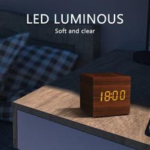 Load image into Gallery viewer, Alarm Clock LED Wooden Watch Digital Alarm Clock with Wooden Electronic LED Time Display 3 Alarm Settings Humidity & Temperature Detect Wood Made Electric Clocks Table Voice Control Digital Wood USB/AAA Powered Electronic Desktop Clocks