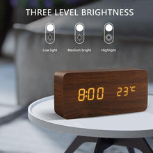 Load image into Gallery viewer, Alarm Clock LED Wooden Watch Digital Alarm Clock with Wooden Electronic LED Time Display 3 Alarm Settings Humidity & Temperature Detect Wood Made Electric Clocks Table Voice Control Digital Wood USB/AAA Powered Electronic Desktop Clocks