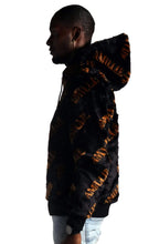 Load image into Gallery viewer, Jeff Black Reversible Faux Fur Bomber Jacket with Amillion typo pattern