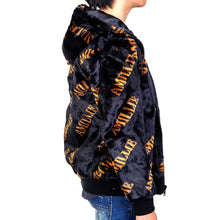 Load image into Gallery viewer, Jeff Black Reversible Faux Fur Bomber Jacket with Amillion typo pattern