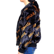 Load image into Gallery viewer, Jeff Black Reversible Faux Fur Bomber Jacket with Amillion typo pattern