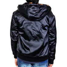 Load image into Gallery viewer, Jeff Black Reversible Faux Fur Bomber Jacket with Amillion typo pattern