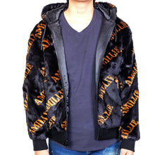 Load image into Gallery viewer, Jeff Black Reversible Faux Fur Bomber Jacket with Amillion typo pattern