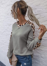 Load image into Gallery viewer, Leopard Panel Waffle Knit V Neck Sweater