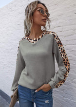 Load image into Gallery viewer, Leopard Panel Waffle Knit V Neck Sweater