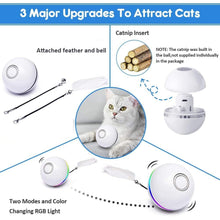 Load image into Gallery viewer, Automatic Smart Cat Toys Ball Interactive Catnip USB Rechargeable Self Rotating Colorful Led Feather Bells Toys for Cats Kitten Build-in Spinning Led Light Stimulate Hunting Instinct
