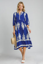 Load image into Gallery viewer, Royal Blue Printed Notched Midi Dress Elegant & Timeless Dress For Every Occasion