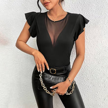 Load image into Gallery viewer, Women’s Summer Ruffle Mesh Panel Top – Short Sleeve Slim Fit Casual Tee Blouse