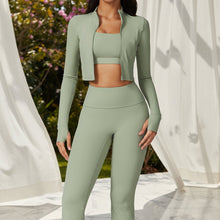Load image into Gallery viewer, Women's High-Waist 3-Piece Athletic Set – Long Sleeve Jacket, Sports Bra & Leggings